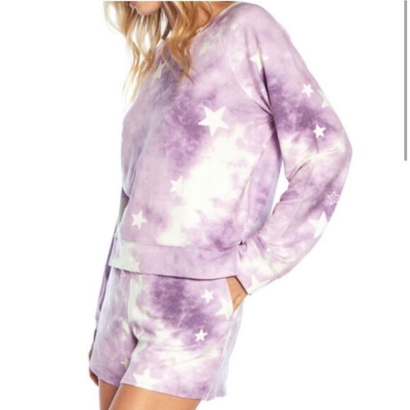Wildfox $160 Lounge Set Sweatshirt & Shorts Purple Tie Dye Stars XL NWT - Picture 3 of 6